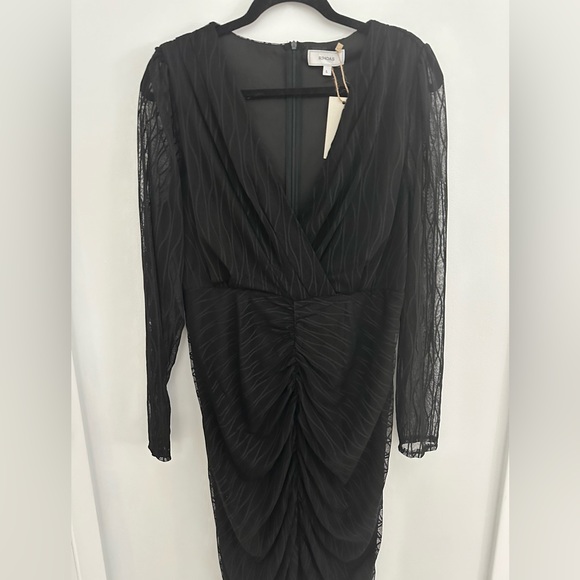 Black V Neck Sheer Sleeve Lace Dress - Picture 3 of 8